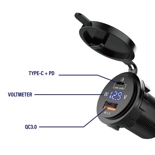 Voltmètre + Prise USB Trem 12/24 V | USB-A 3.0 et USB-C PD | Prise & rallonge 12V | Description