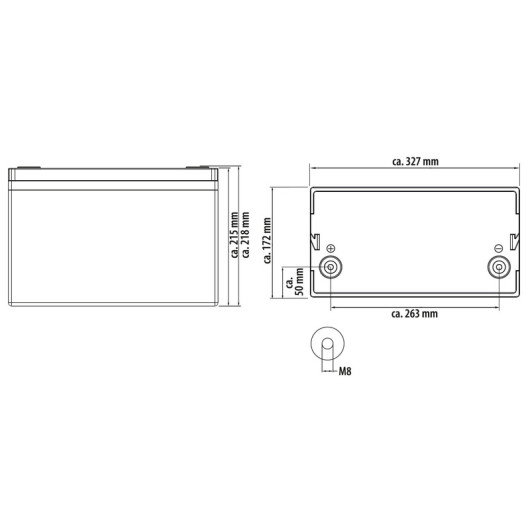 Batterie LFP MC CAMPING, MC-LB150, le lithum garantie 5 ans pour van, fourgon et bateau : schéma des dimensions