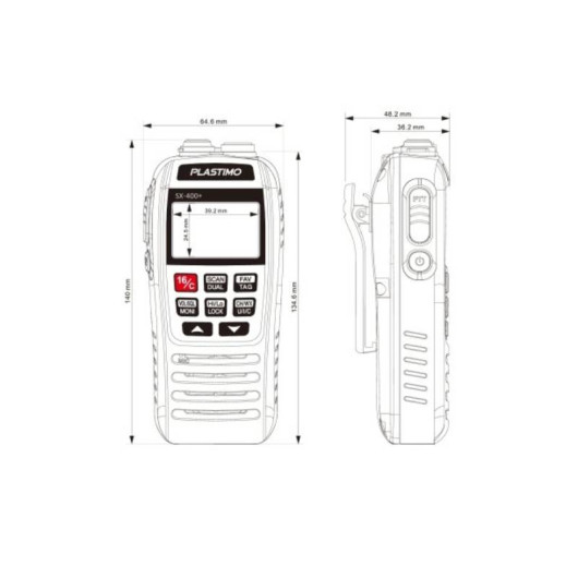 Radio VHF Plastimo SX-400+ | VHF Portable étanche et flottante IPX7 | Dimensions