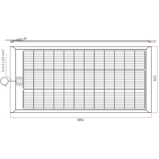 Panneau solaire semi-flexible 140W pour camping-car, van ou bateau - ENERGIE MOBILE - Schéma de dimensions