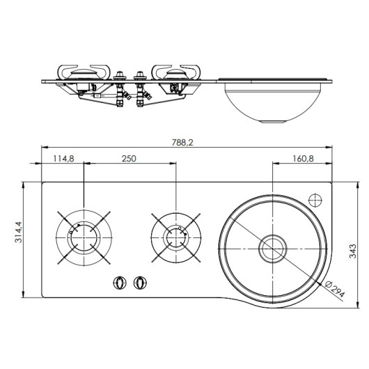 Combiné Cristal 2 feux + évier PV1364 Can | Évier et réchauds gaz pour van, fourgon et bateau | Dimensions Hors-tout