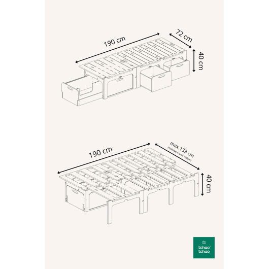 Lit peigne 120 cm DIY TCHAO TCHAO | Lit coulissant pour van aménagé et fourgon | Dimensions