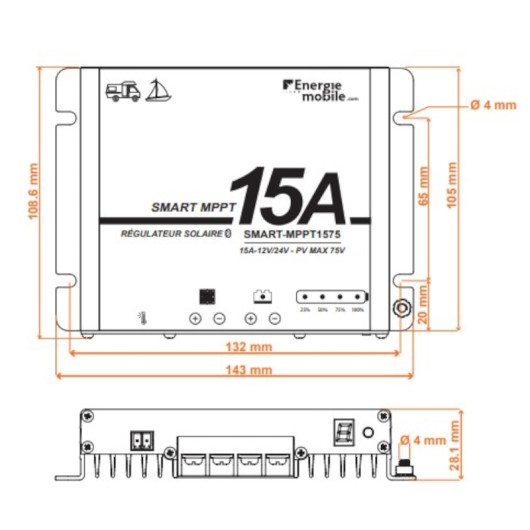 Régulateur de charge Smart-MPPT Energie Mobile 15A / 75 V | Régulateur solaire | Dimensions