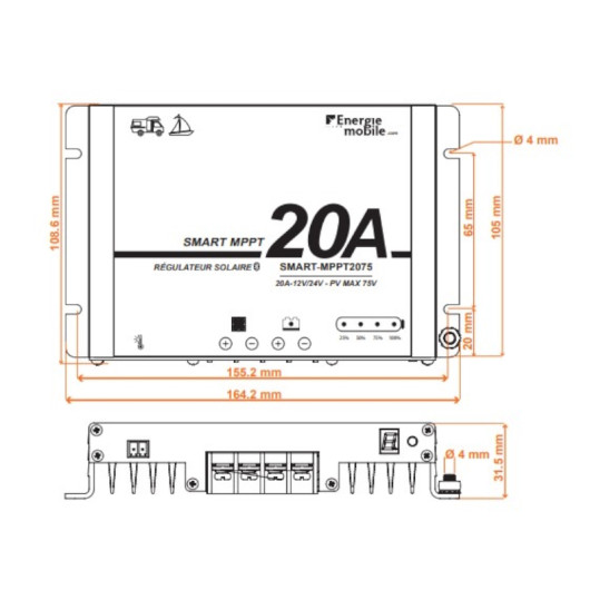 Régulateur de charge Smart-MPPT Energie Mobile 20A / 75 V | Régulateur solaire | Dimensions