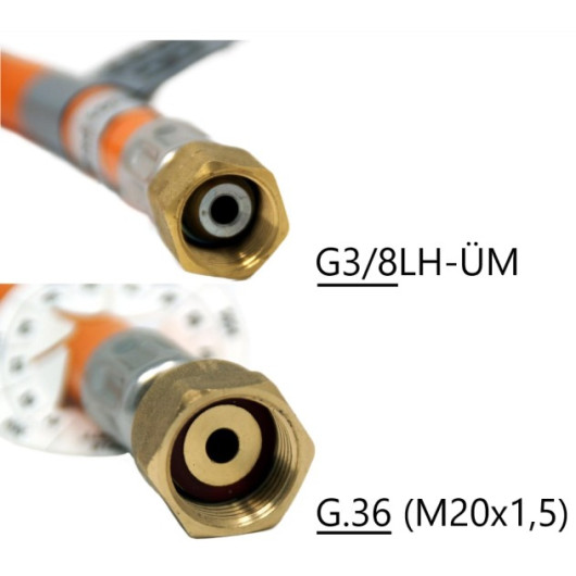 Vu rapproché raccord Tuyau gaz Cavagna G.36 (M20x1,5) x G3/8LH-ÜM pour sécurité de rupture en véhicule aménagé et camping-car