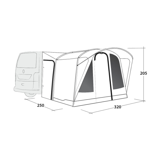 Fresno auvent van aménagé Outwell | tente connectée fourgon et utilitaire| schéma dimensions extérieures