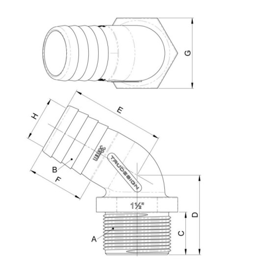 Coude 120° MM fileté cannelé BSP Trudesign | Embout plomberie, raccord & accessoire réservoir bateau | Dimensions