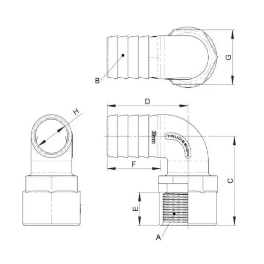 Coude 90° FM fileté cannelé noir BSP Trudesign | Embout plomberie, raccord & accessoire réservoir | Dimensions