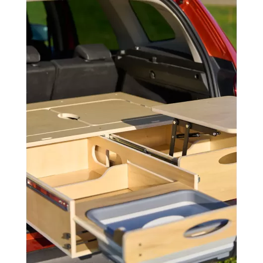 Kit aménagement voiture avec camping-box, matelas TCHAO TCHAO | Couchette pour voiture idéale road trip | Evier pliable