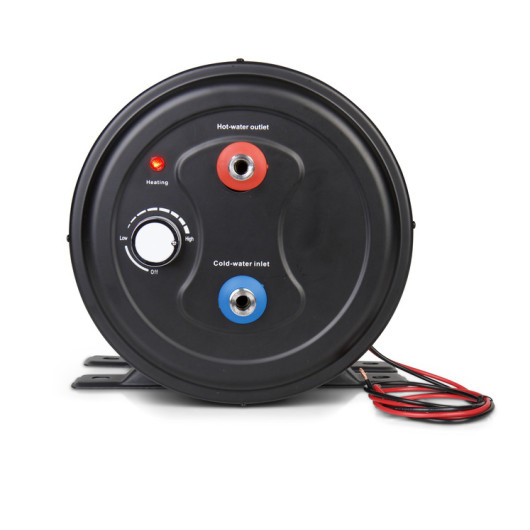Boiler compact 12V / 8 litres CARBEST, CozyWater, le top pour le van : vu côté avec connexions