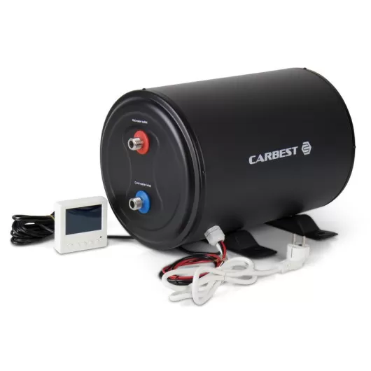CARBEST CozyWater 10C le chauffe-eau douvble résistance électrique pour van et bateau : vu de profil avec thermostat déporté