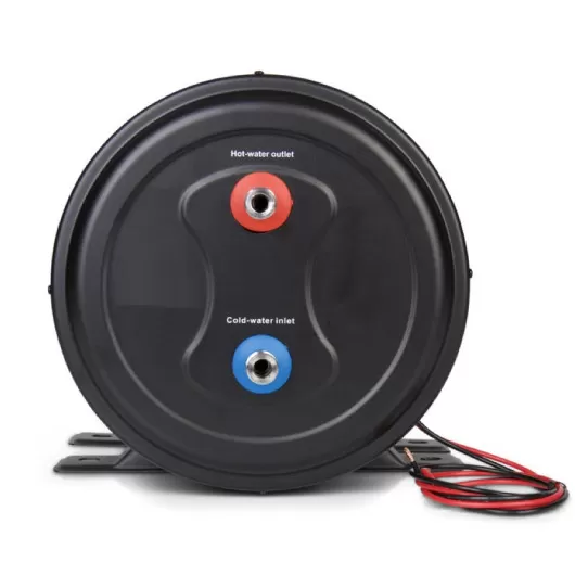 CARBEST CozyWater 10C le boiler double résistance électrique pour van et bateau : vu de côté avec connexions eaux.
