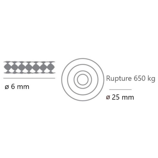 VIADANA Poulie simple ringot ø 25 mm pour bout et cordage max 6 mm : schéma du réa avec charge de rupture et cordage max