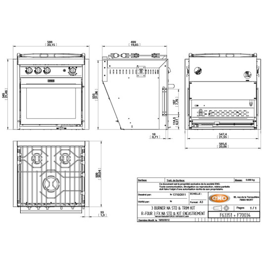 Gazinière 3 feux four sur cardan Force10 | Cuisinière & four pour bateau à voile, à moteur, catamaran | dimensions