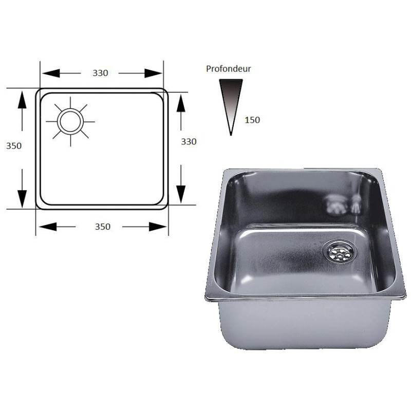 Évier Camping-Car Carré Inox 325x265x65 Mm – Grande Capacité – Installation Intégrée – Sortie 40 Mm – Acier 304 Brossé/Poli
