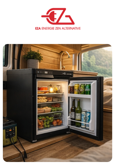 image d'un frigo de la marque EZA dans un van aménagé