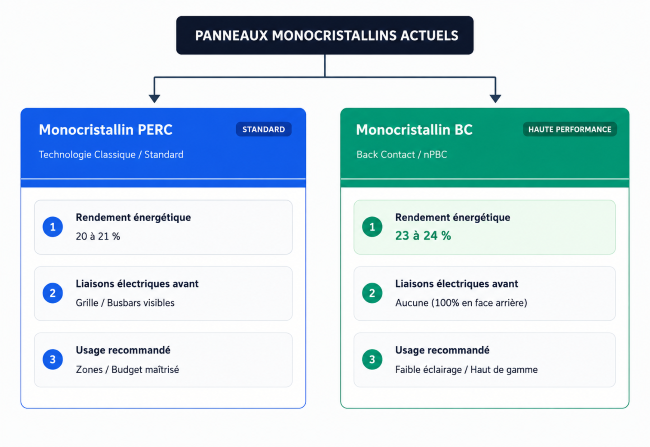 Schéma arborescent comparant les panneaux solaires monocristallins PERC (20 à 21% de rendement) et Back Contact BC / HPBC (23 à 24% de rendement)