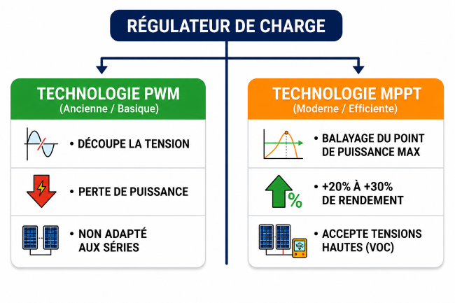 Schéma comparatifndes régulateurs de charge solaire : technologie PWM contre Technologie MPPT